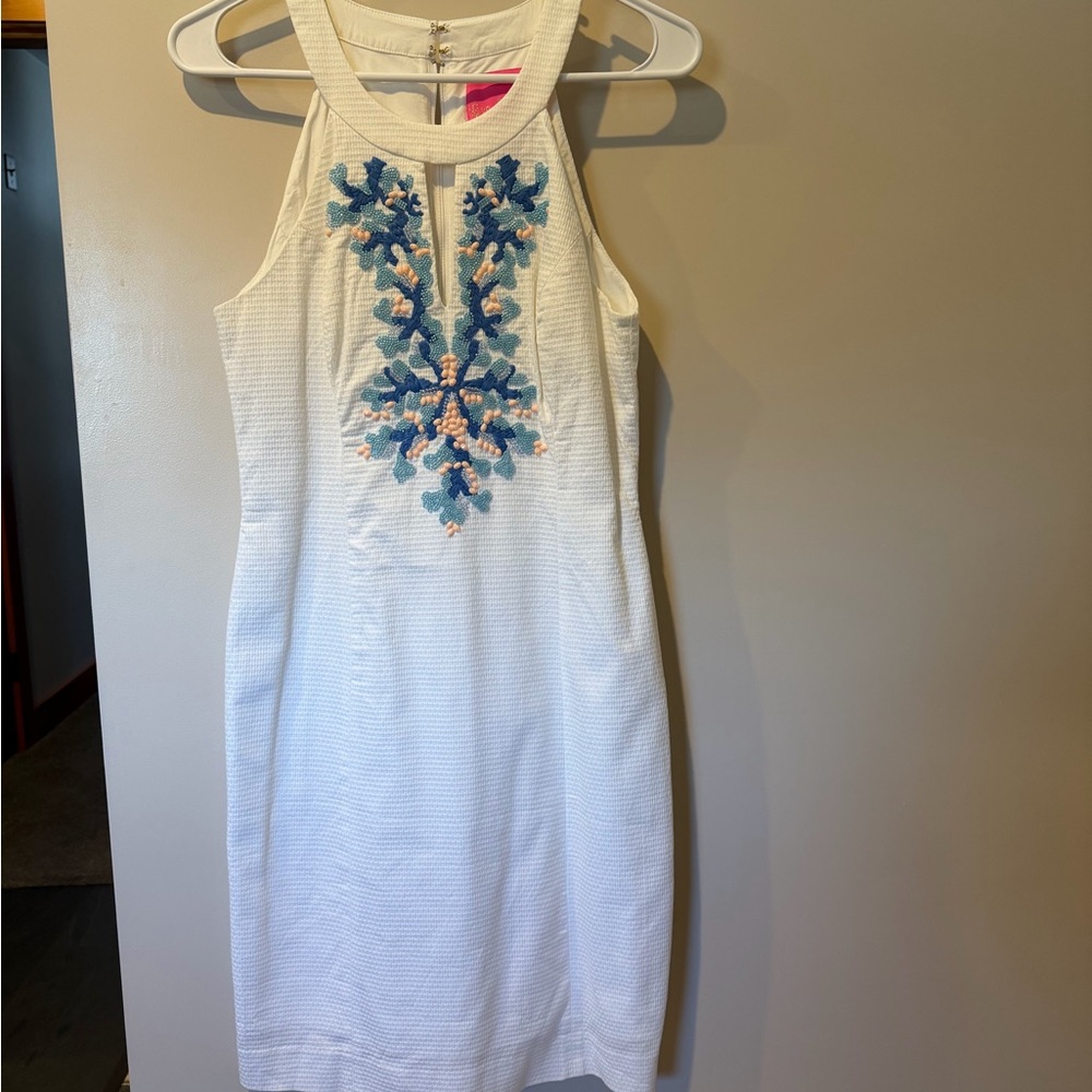 Lilly Pulitzer White Mini Dress with Blue Embroidery